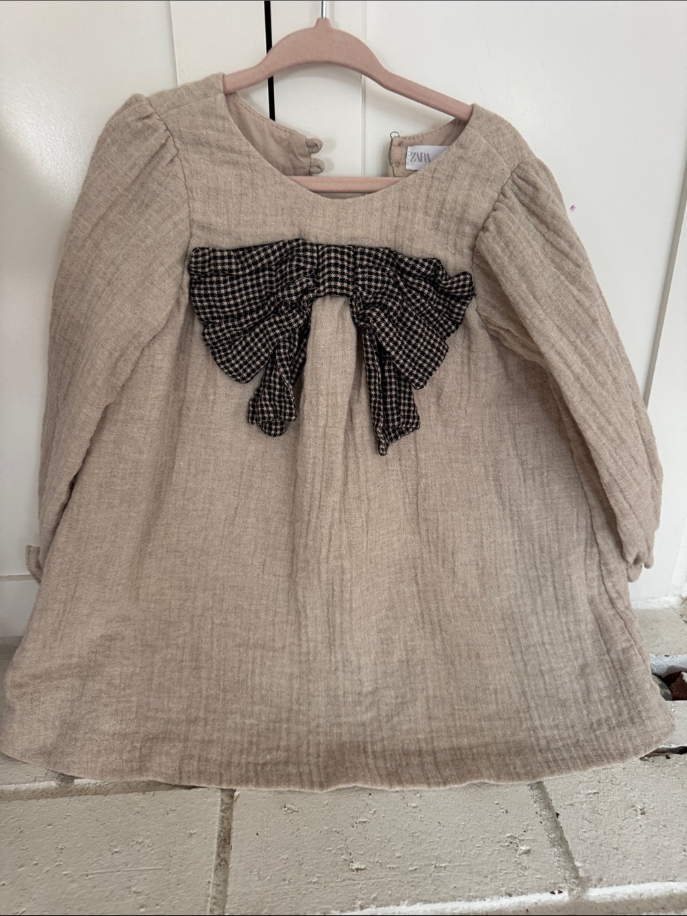 Zara Beige Linen-Blend Girls Dress with Black Gingham Bow